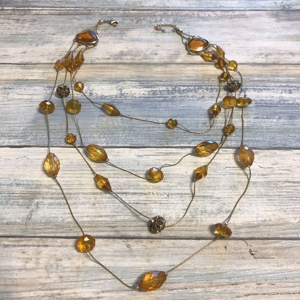 Amber Acrylic Beads Necklace Stations Cold Tone Chain Estate Multi-strand